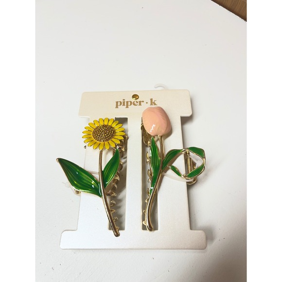 piper.k Accessories - Piper.k Floral Hair Claw Clips Set Sunflower Tulip Enamel Gold Tone 2 Piece NEW